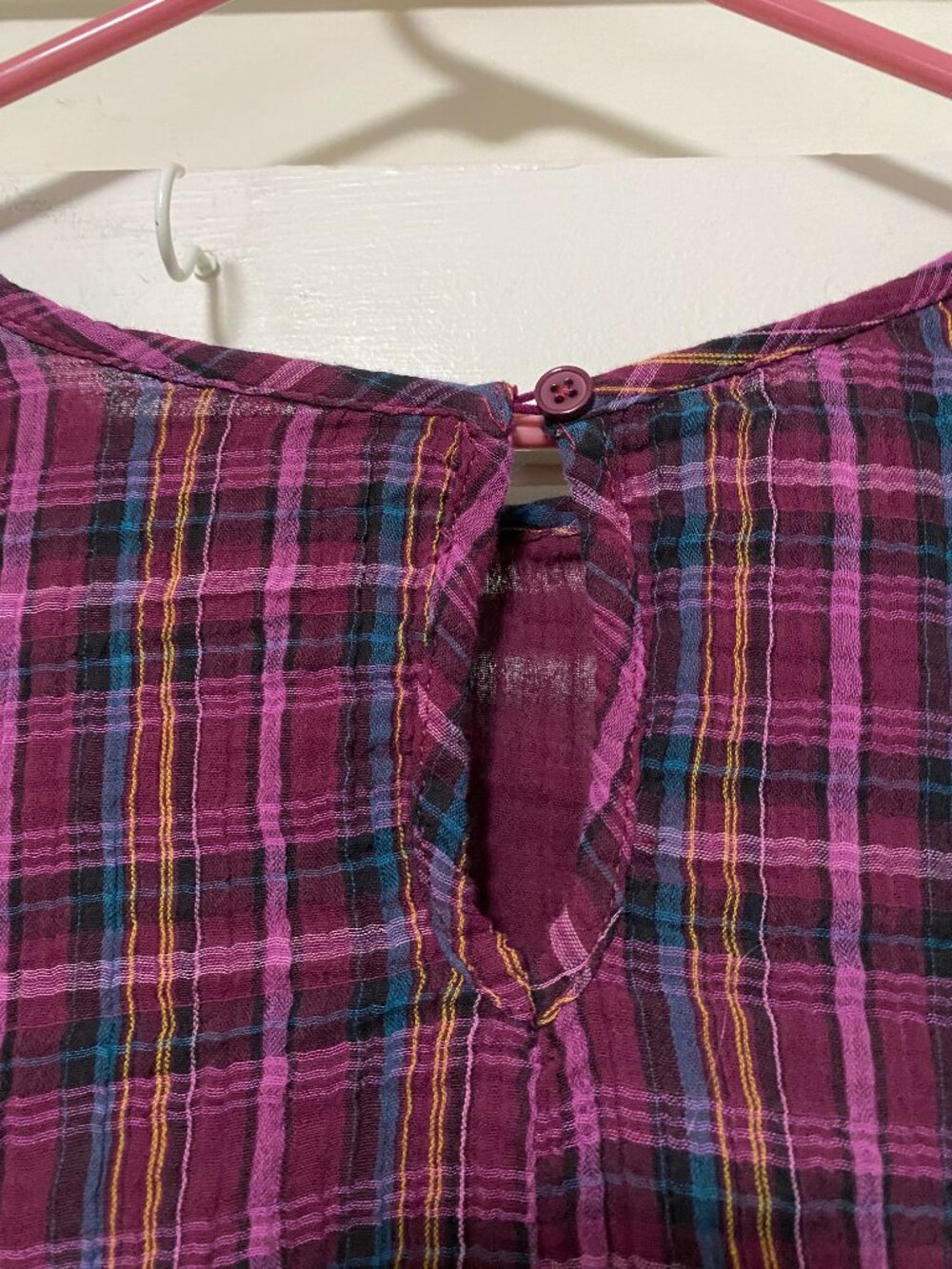 FEMININE & COLORFUL, Terra & Sky, short sleeve, burgundy plaid blouse, size 1X - Picture 6 of 9